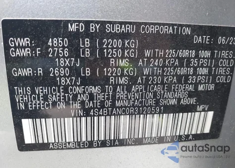2024 Subaru Outback Limited z USA, uszkodzony, nr VIN 4S4BTANC0R3120591